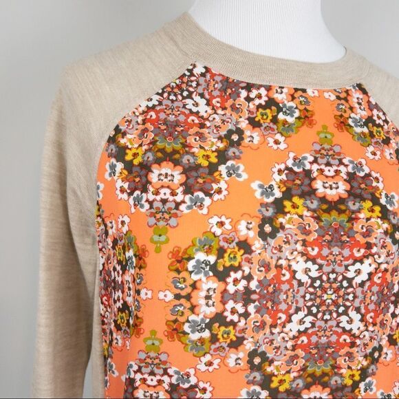 𝅺J Crew Factory Womens Size Small Orange Floral Woven Panel Tan Sweater Merino - Picture 4 of 9